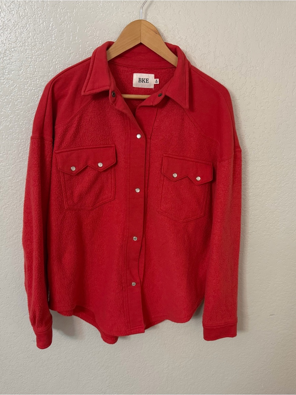 BKE Womens Reverse Shacket Oversized Size Medium in baked Apple Red Color